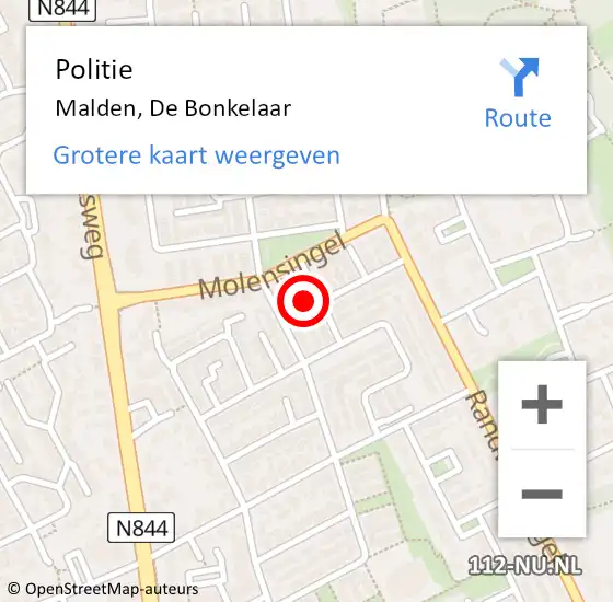 Locatie op kaart van de 112 melding: Politie Malden, De Bonkelaar op 28 juni 2024 15:09