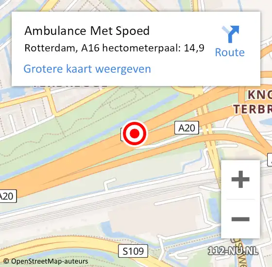Locatie op kaart van de 112 melding: Ambulance Met Spoed Naar Rotterdam, A16 hectometerpaal: 14,9 op 28 juni 2024 15:16