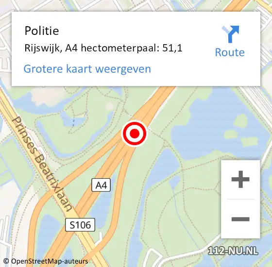 Locatie op kaart van de 112 melding: Politie Rijswijk, A4 hectometerpaal: 51,1 op 28 juni 2024 16:10