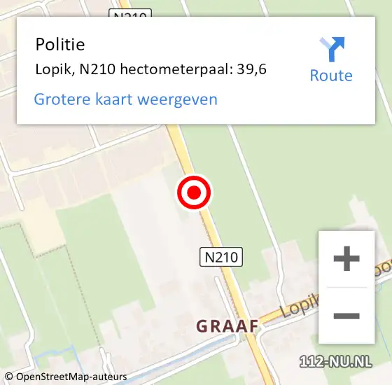 Locatie op kaart van de 112 melding: Politie Lopik, N210 hectometerpaal: 39,6 op 28 juni 2024 16:15