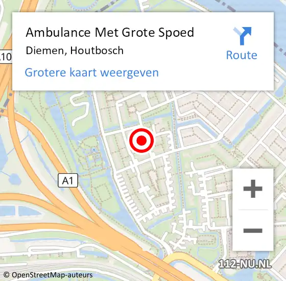 Locatie op kaart van de 112 melding: Ambulance Met Grote Spoed Naar Diemen, Houtbosch op 28 juni 2024 16:17