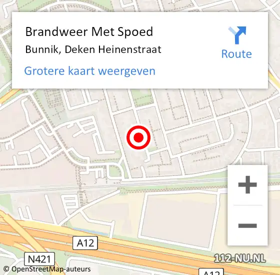 Locatie op kaart van de 112 melding: Brandweer Met Spoed Naar Bunnik, Deken Heinenstraat op 28 juni 2024 16:27