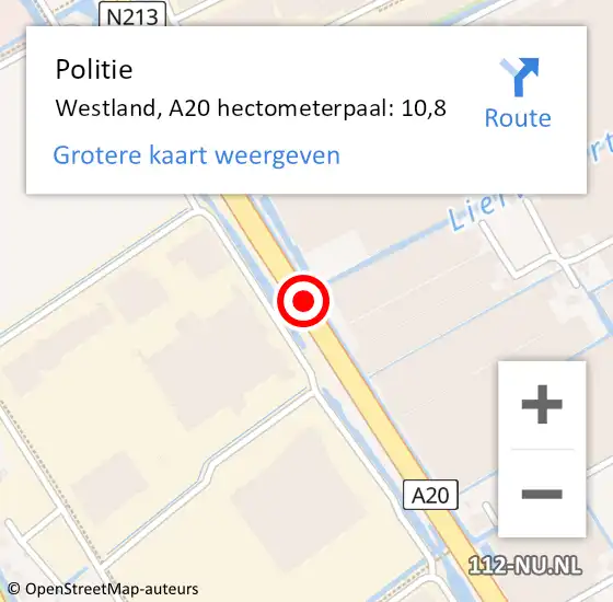 Locatie op kaart van de 112 melding: Politie Westland, A20 hectometerpaal: 10,8 op 28 juni 2024 16:36