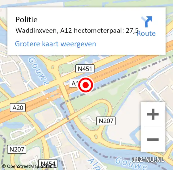 Locatie op kaart van de 112 melding: Politie Waddinxveen, A12 hectometerpaal: 27,5 op 28 juni 2024 16:43