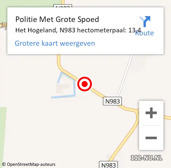 Locatie op kaart van de 112 melding: Politie Met Grote Spoed Naar Het Hogeland, N983 hectometerpaal: 13,4 op 28 juni 2024 16:56