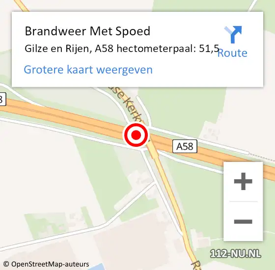 Locatie op kaart van de 112 melding: Brandweer Met Spoed Naar Gilze en Rijen, A58 hectometerpaal: 51,5 op 28 juni 2024 17:22