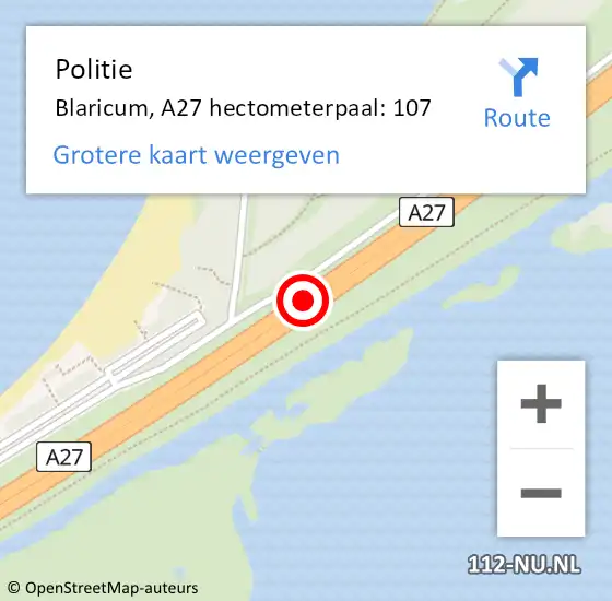 Locatie op kaart van de 112 melding: Politie Blaricum, A27 hectometerpaal: 107 op 28 juni 2024 17:29