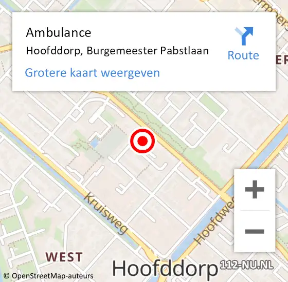 Locatie op kaart van de 112 melding: Ambulance Hoofddorp, Burgemeester Pabstlaan op 28 juni 2024 18:16