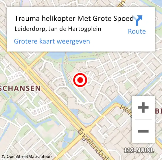 Locatie op kaart van de 112 melding: Trauma helikopter Met Grote Spoed Naar Leiderdorp, Jan de Hartogplein op 28 juni 2024 19:05