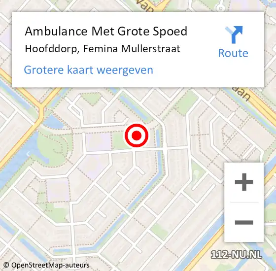 Locatie op kaart van de 112 melding: Ambulance Met Grote Spoed Naar Hoofddorp, Femina Mullerstraat op 28 juni 2024 20:43