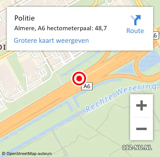 Locatie op kaart van de 112 melding: Politie Almere, A6 hectometerpaal: 48,7 op 28 juni 2024 21:16
