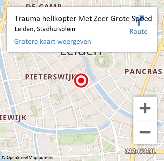 Locatie op kaart van de 112 melding: Trauma helikopter Met Zeer Grote Spoed Naar Leiden, Stadhuisplein op 28 juni 2024 21:22