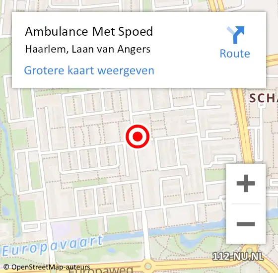 Locatie op kaart van de 112 melding: Ambulance Met Spoed Naar Haarlem, Laan van Angers op 28 juni 2024 22:04