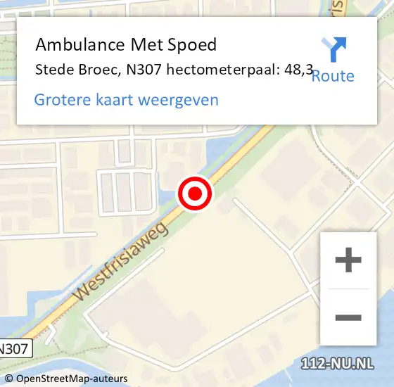 Locatie op kaart van de 112 melding: Ambulance Met Spoed Naar Stede Broec, N307 hectometerpaal: 48,3 op 29 juni 2024 01:11