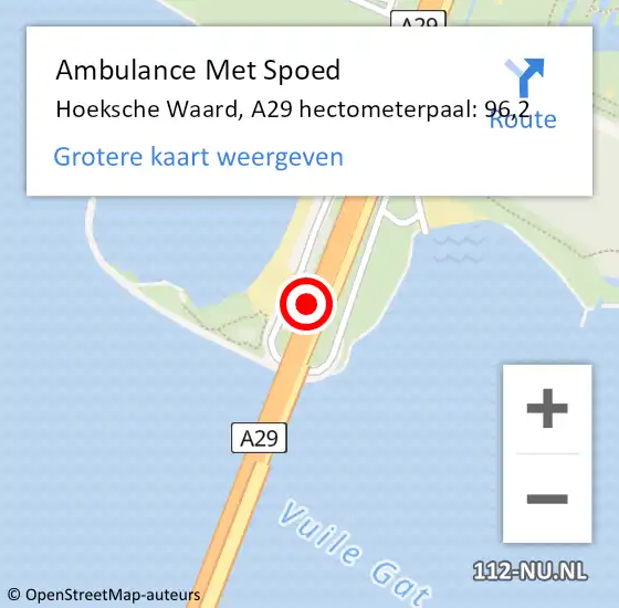 Locatie op kaart van de 112 melding: Ambulance Met Spoed Naar Hoeksche Waard, A29 hectometerpaal: 96,2 op 29 juni 2024 04:26