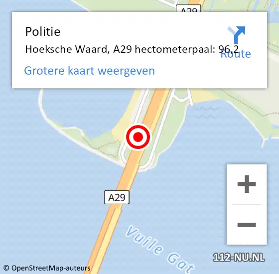Locatie op kaart van de 112 melding: Politie Hoeksche Waard, A29 hectometerpaal: 96,2 op 29 juni 2024 04:27