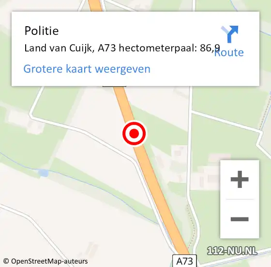 Locatie op kaart van de 112 melding: Politie Land van Cuijk, A73 hectometerpaal: 86,9 op 29 juni 2024 08:57