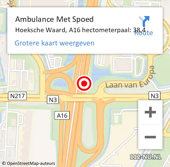 Locatie op kaart van de 112 melding: Ambulance Met Spoed Naar Hoeksche Waard, A16 hectometerpaal: 38,4 op 29 juni 2024 09:35