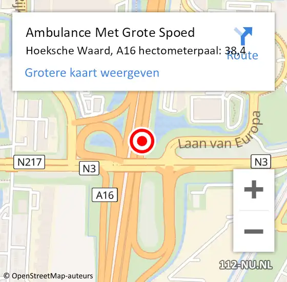 Locatie op kaart van de 112 melding: Ambulance Met Grote Spoed Naar Hoeksche Waard, A16 hectometerpaal: 38,4 op 29 juni 2024 09:35