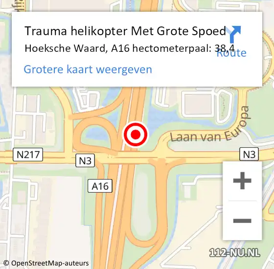 Locatie op kaart van de 112 melding: Trauma helikopter Met Grote Spoed Naar Hoeksche Waard, A16 hectometerpaal: 38,4 op 29 juni 2024 09:38