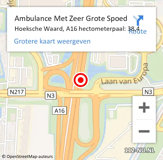 Locatie op kaart van de 112 melding: Ambulance Met Zeer Grote Spoed Naar Hoeksche Waard, A16 hectometerpaal: 38,4 op 29 juni 2024 09:40
