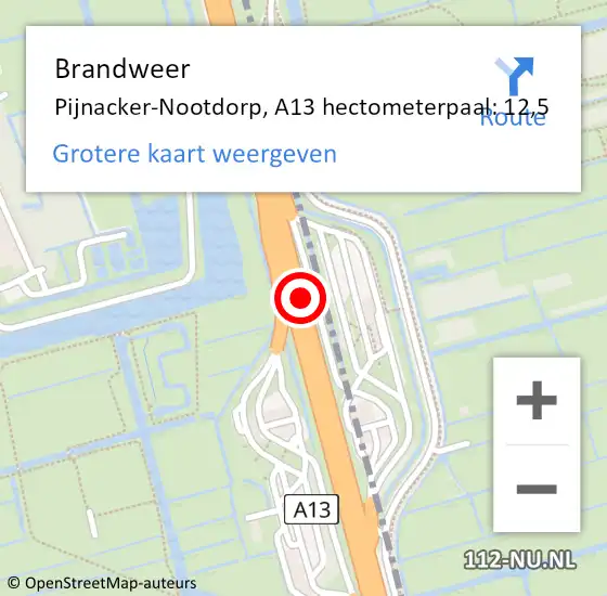 Locatie op kaart van de 112 melding: Brandweer Pijnacker-Nootdorp, A13 hectometerpaal: 12,5 op 29 juni 2024 12:11