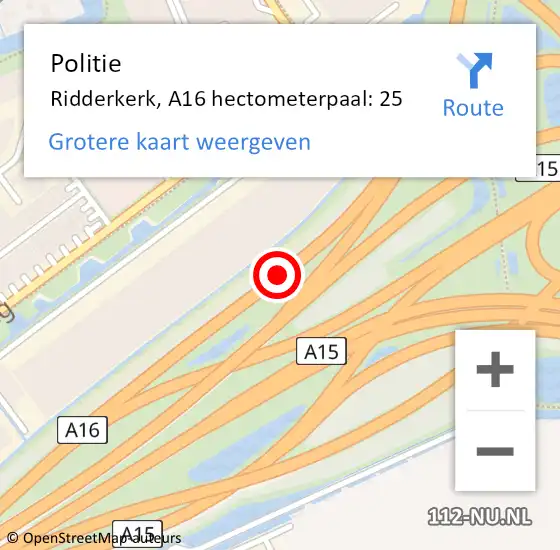 Locatie op kaart van de 112 melding: Politie Ridderkerk, A16 hectometerpaal: 25 op 29 juni 2024 12:24