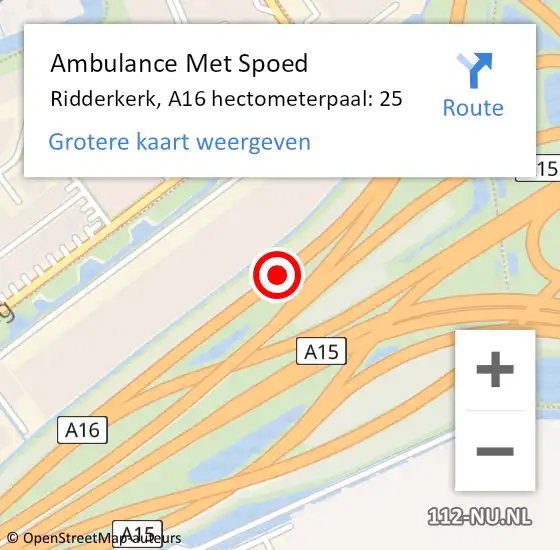 Locatie op kaart van de 112 melding: Ambulance Met Spoed Naar Ridderkerk, A16 hectometerpaal: 25 op 29 juni 2024 12:34