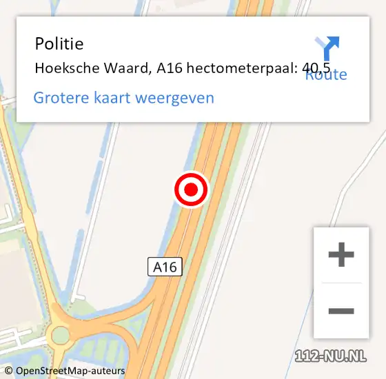 Locatie op kaart van de 112 melding: Politie Hoeksche Waard, A16 hectometerpaal: 40,5 op 29 juni 2024 12:36