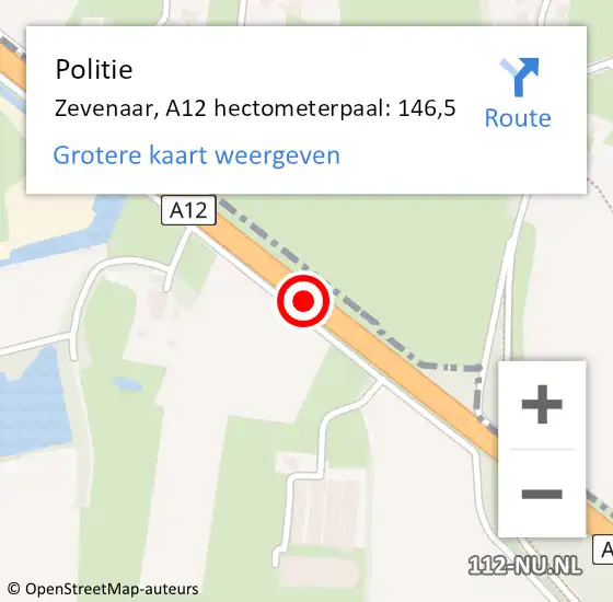 Locatie op kaart van de 112 melding: Politie Zevenaar, A12 hectometerpaal: 146,5 op 29 juni 2024 13:22