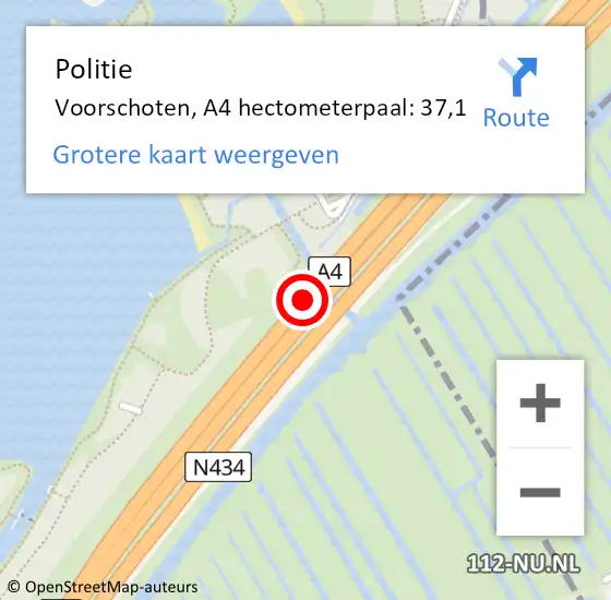 Locatie op kaart van de 112 melding: Politie Voorschoten, A4 hectometerpaal: 37,1 op 29 juni 2024 13:23