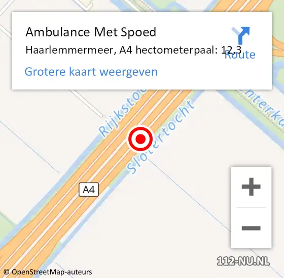 Locatie op kaart van de 112 melding: Ambulance Met Spoed Naar Haarlemmermeer, A4 hectometerpaal: 12,3 op 29 juni 2024 14:48
