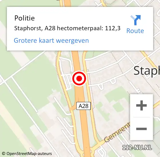 Locatie op kaart van de 112 melding: Politie Staphorst, A28 hectometerpaal: 112,3 op 29 juni 2024 16:20