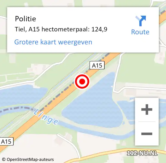 Locatie op kaart van de 112 melding: Politie Tiel, A15 hectometerpaal: 124,9 op 29 juni 2024 16:42