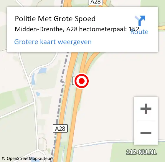 Locatie op kaart van de 112 melding: Politie Met Grote Spoed Naar Midden-Drenthe, A28 hectometerpaal: 152 op 29 juni 2024 17:30