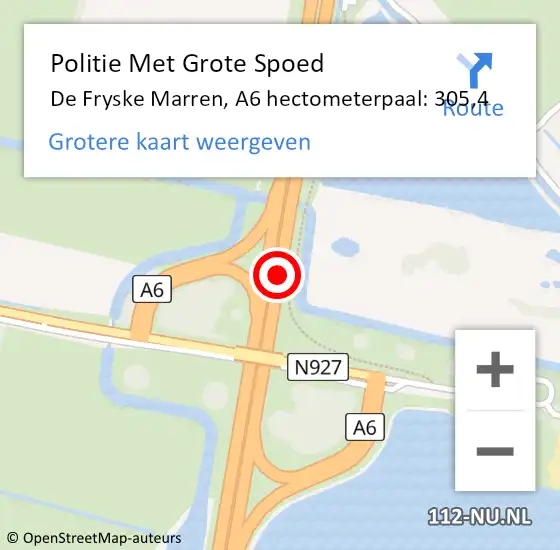 Locatie op kaart van de 112 melding: Politie Met Grote Spoed Naar De Fryske Marren, A6 hectometerpaal: 305,4 op 29 juni 2024 17:50