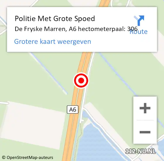 Locatie op kaart van de 112 melding: Politie Met Grote Spoed Naar De Fryske Marren, A6 hectometerpaal: 306 op 29 juni 2024 17:51
