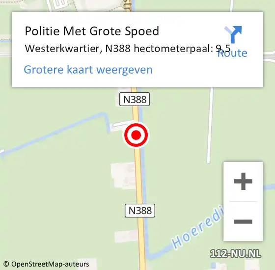 Locatie op kaart van de 112 melding: Politie Met Grote Spoed Naar Westerkwartier, N388 hectometerpaal: 9,5 op 29 juni 2024 17:57