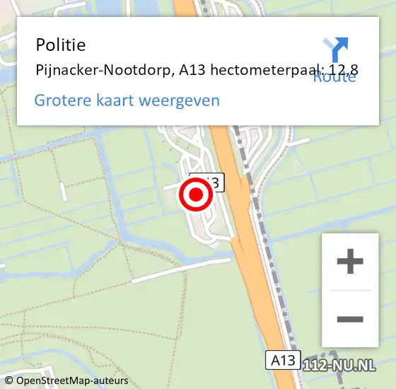 Locatie op kaart van de 112 melding: Politie Pijnacker-Nootdorp, A13 hectometerpaal: 12,8 op 29 juni 2024 18:14