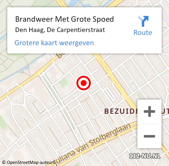 Locatie op kaart van de 112 melding: Brandweer Met Grote Spoed Naar Den Haag, De Carpentierstraat op 29 juni 2024 19:47