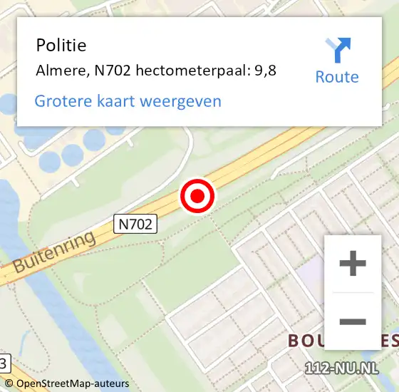 Locatie op kaart van de 112 melding: Politie Almere, N702 hectometerpaal: 9,8 op 29 juni 2024 20:02