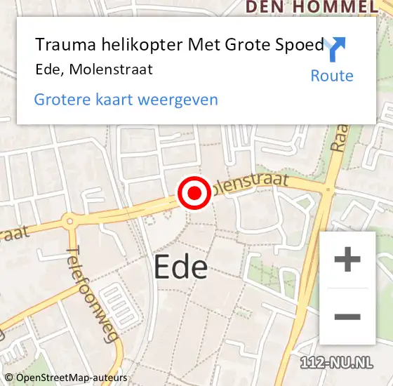 Locatie op kaart van de 112 melding: Trauma helikopter Met Grote Spoed Naar Ede, Molenstraat op 29 juni 2024 21:45