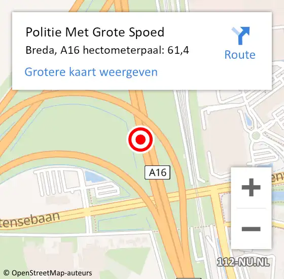 Locatie op kaart van de 112 melding: Politie Met Grote Spoed Naar Breda, A16 hectometerpaal: 61,4 op 29 juni 2024 22:58