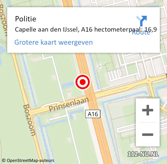 Locatie op kaart van de 112 melding: Politie Capelle aan den IJssel, A16 hectometerpaal: 16,9 op 29 juni 2024 23:25