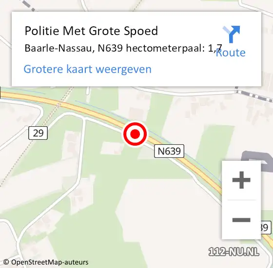 Locatie op kaart van de 112 melding: Politie Met Grote Spoed Naar Baarle-Nassau, N639 hectometerpaal: 1,7 op 29 juni 2024 23:43