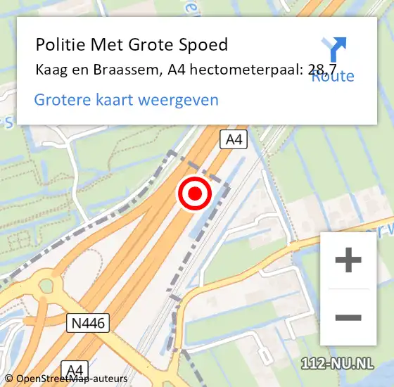 Locatie op kaart van de 112 melding: Politie Met Grote Spoed Naar Kaag en Braassem, A4 hectometerpaal: 28,7 op 30 juni 2024 05:56
