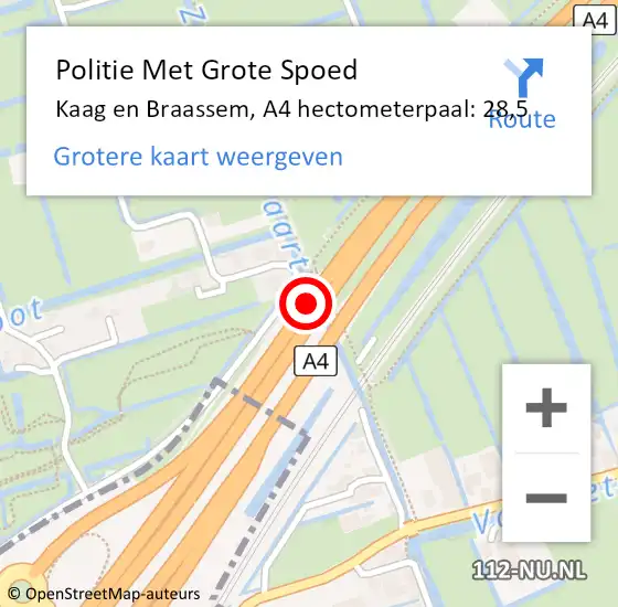 Locatie op kaart van de 112 melding: Politie Met Grote Spoed Naar Kaag en Braassem, A4 hectometerpaal: 28,5 op 30 juni 2024 06:01