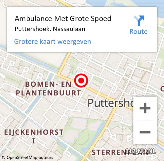 Locatie op kaart van de 112 melding: Ambulance Met Grote Spoed Naar Puttershoek, Nassaulaan op 30 juni 2024 10:47