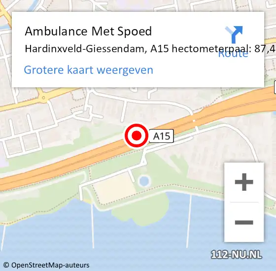 Locatie op kaart van de 112 melding: Ambulance Met Spoed Naar Hardinxveld-Giessendam, A15 hectometerpaal: 87,4 op 30 juni 2024 12:03