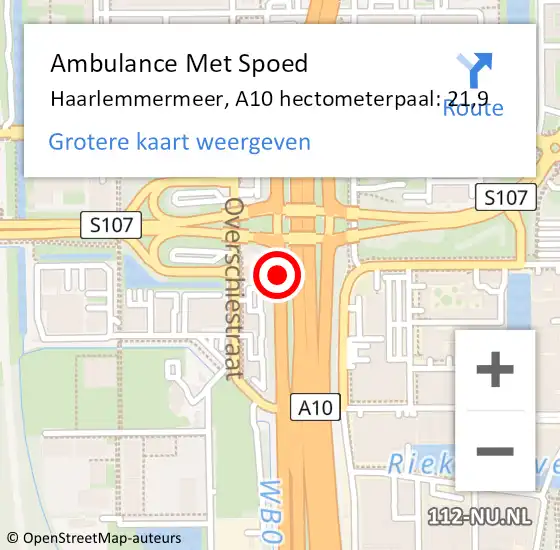 Locatie op kaart van de 112 melding: Ambulance Met Spoed Naar Haarlemmermeer, A10 hectometerpaal: 21,9 op 30 juni 2024 13:11